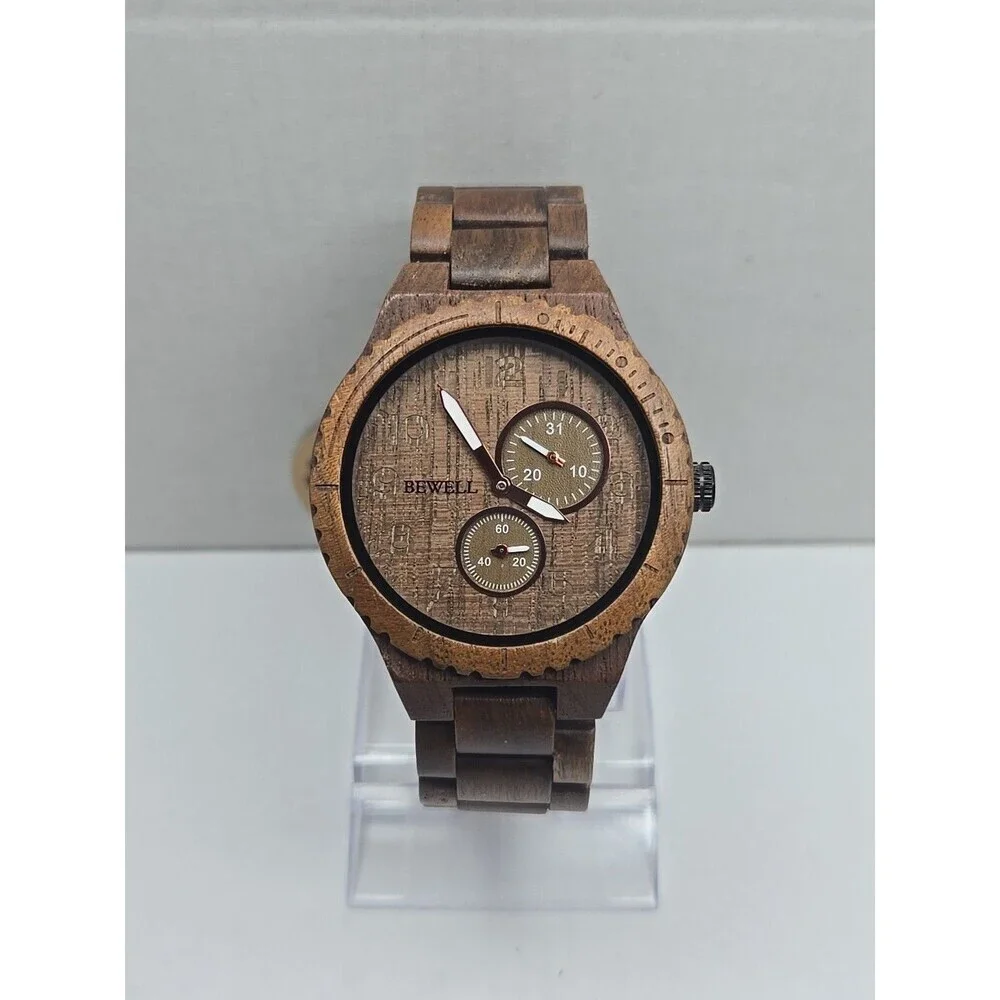 Bewell Black Walnut Wooden Watch Quartz Date Seconds Subdials Brown New Battery